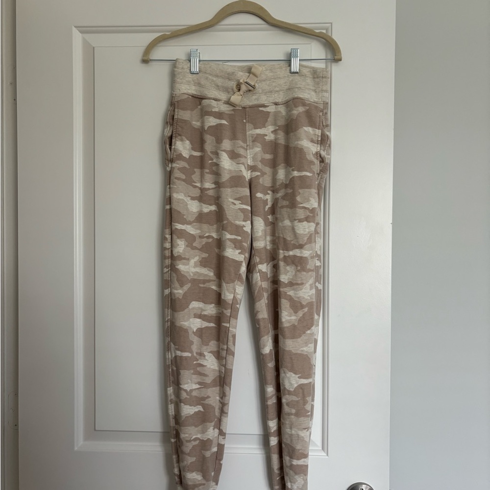 Athleta Balance Joggers - tan, cream, and white camouflage pattern.